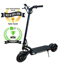 Load image into Gallery viewer, Full view of Mantis 40 MPH electric scooter with awards it has received
