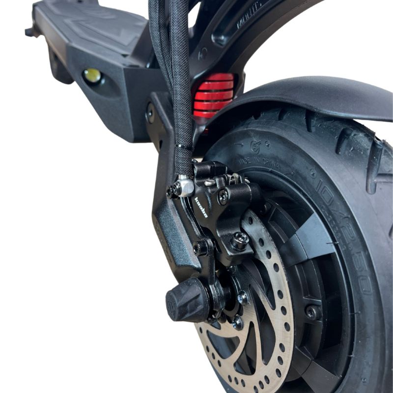 Close up of rear tire and disc brake on the Mantis 40 MPH electric scooter