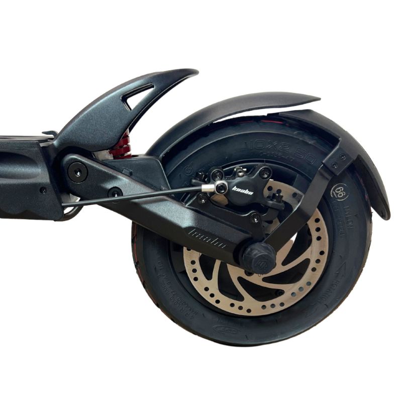Full side view of rear tire and disc brake on the Mantis 40 MPH electric scooter
